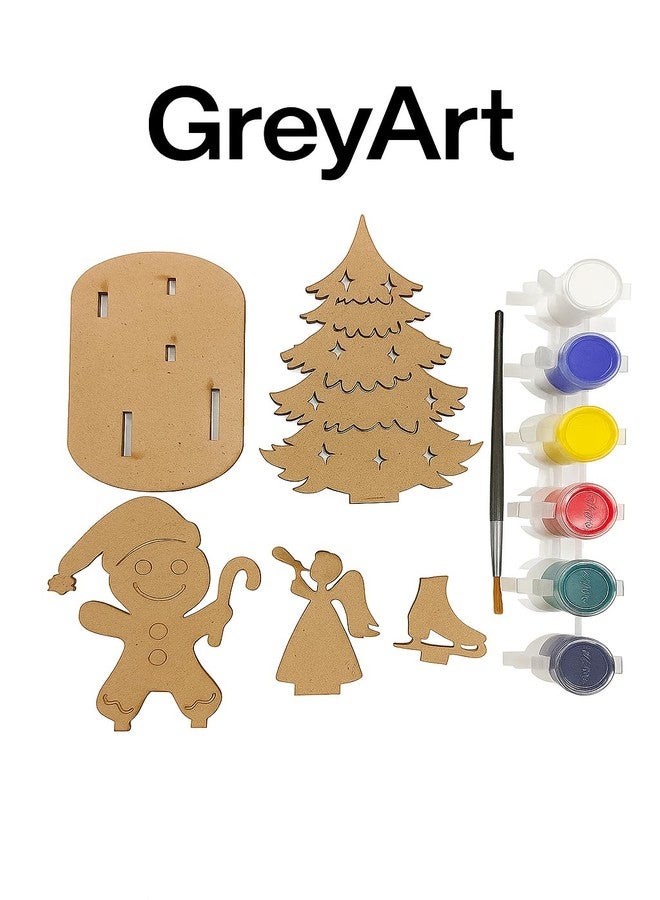 GreyArt DIY Christmas Wooden Painting Kit for Kids | MDF 3D Christmas Tree Craft Set with Gingerbread Man & Angel Cutouts | Includes Paints & Brush | Easy to Assemble Holiday Activity Kit for Boys & Girls(Style-2) - Image 3